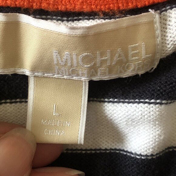 MICHAEL Michael Kors Women Sweater Orange Navy White Stripe Gold Grommets Large - Picture 3 of 16